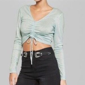 NWT Wild Fable Metallic Crop Top Med Misty Blue Ruched Rave Pixie Cyber Future